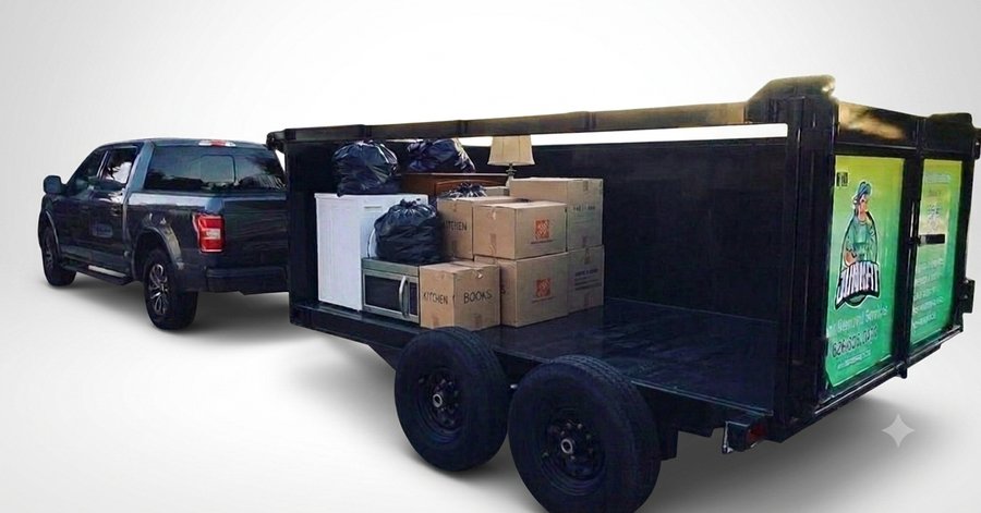 Half load — JunkFit trailer about half full of junk