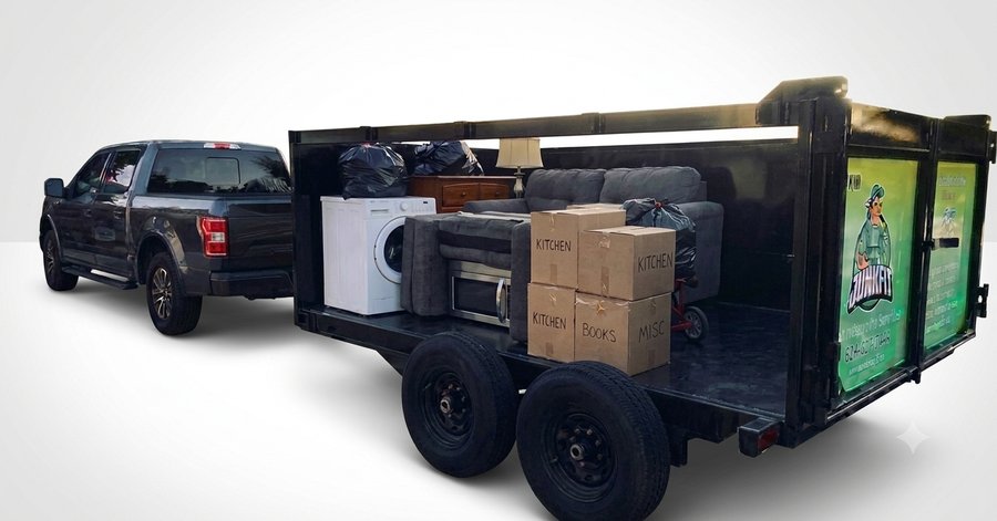 Three-quarter load — JunkFit trailer about three-quarters full of junk