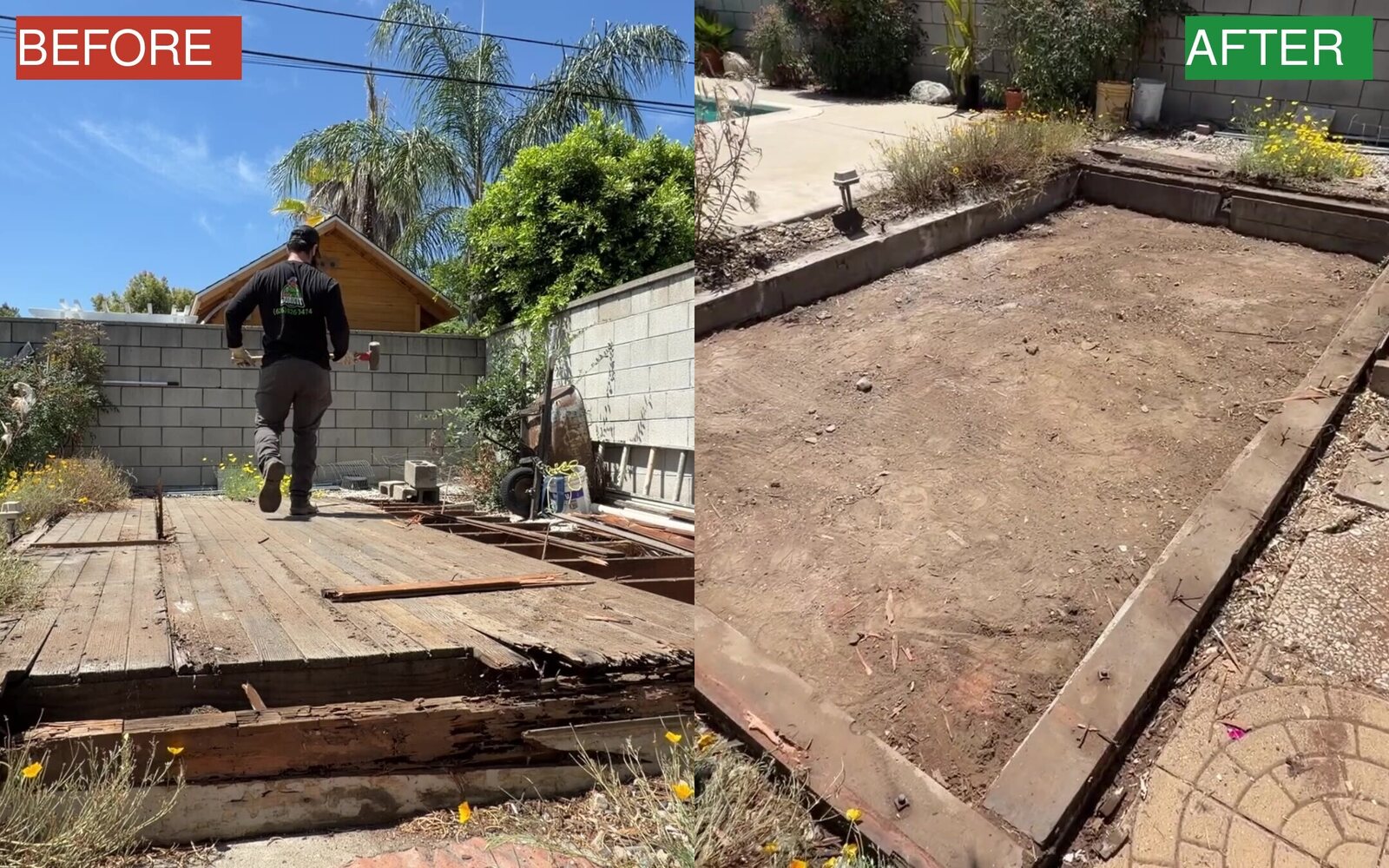 Before and after of a backyard shed foundation demolition in Glendora, CA 91740 by JunkFit Hauling